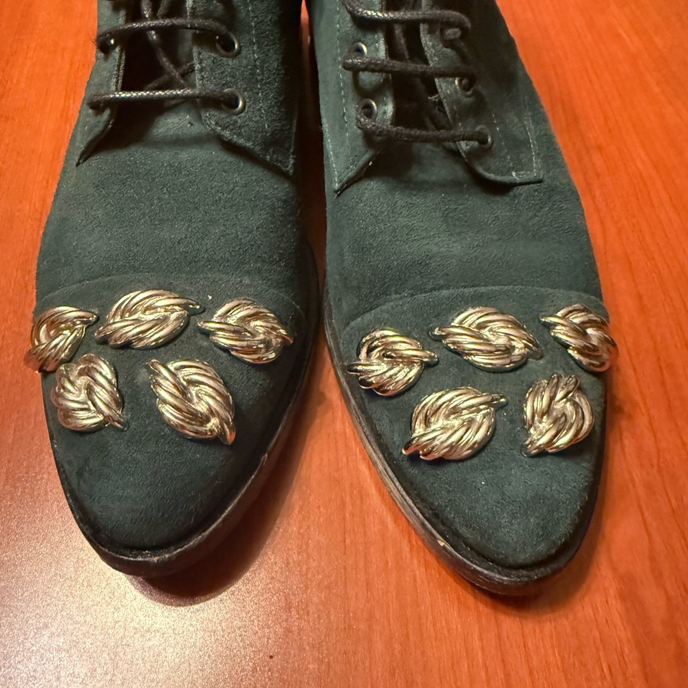 Women's Dark Green Suede Lace-Up Ankle Boots with Gold Leaf Accent - Picture 2 of 9